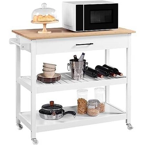 White Kitchen Island Cart with Drawer Storage Shelves and Locking Casters - Free Shipping