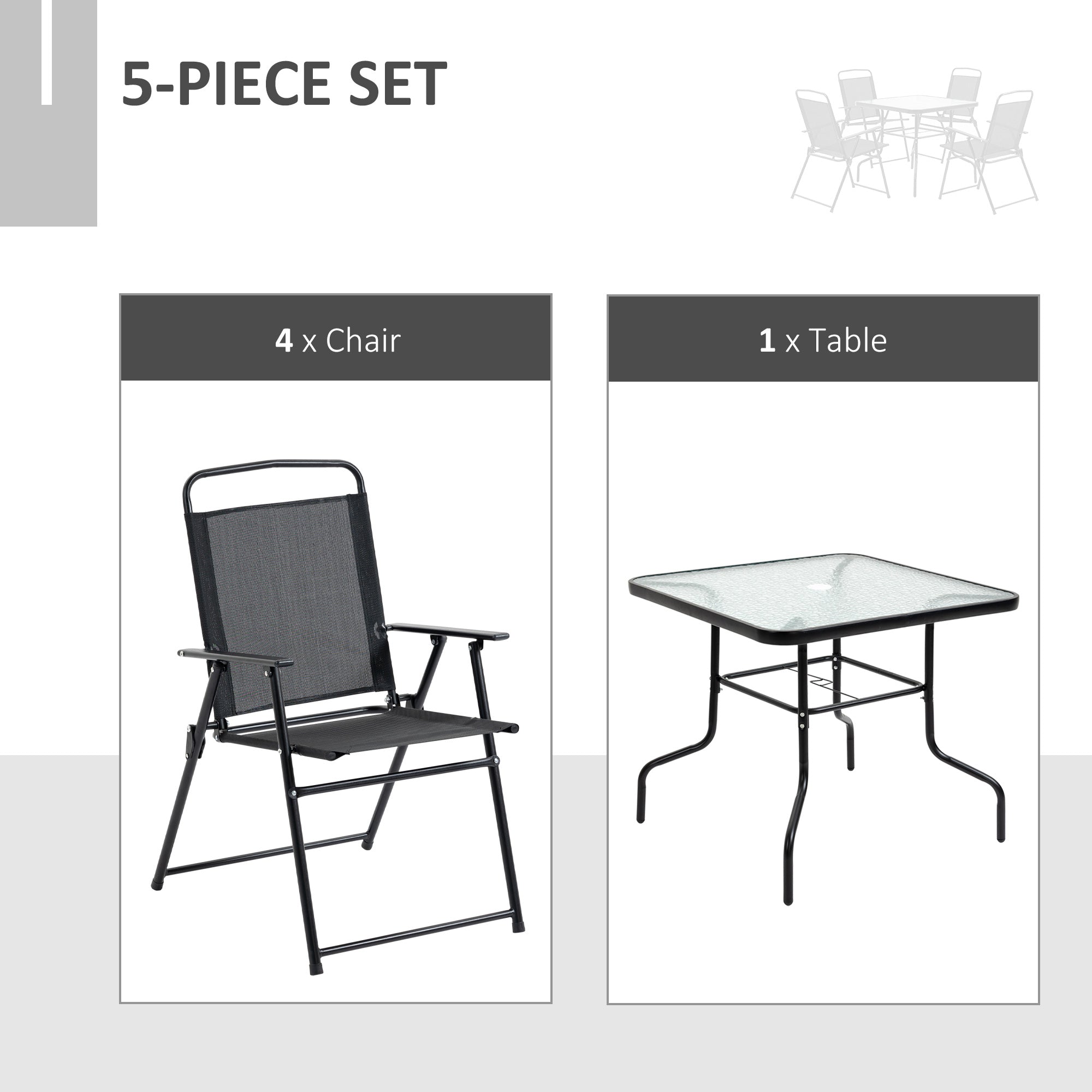 Outsunny 5 Pieces Patio Table and Chairs, Outdoor Dining Set with 4 Folding Chairs, Glass Tabletop and Parasol Hole, Black 