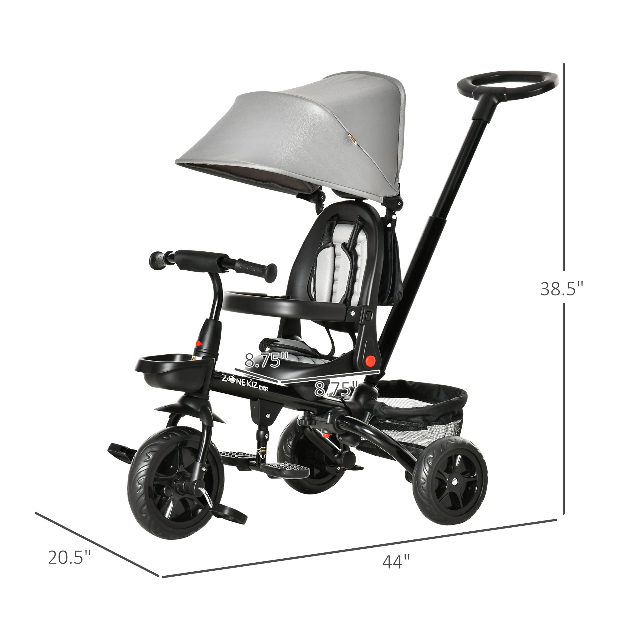 Qaba Baby Tricycle 4 In 1 Trike with Reversible Angle Adjustable Seat Removable Handle Canopy Handrail Belt Storage, Grey 