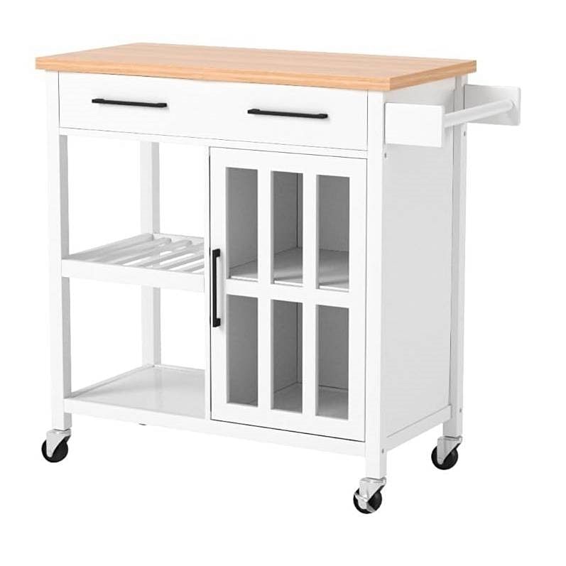 White Kitchen Island Cart with Wood Top Storage Cabinet and Locking Casters - Free Shipping