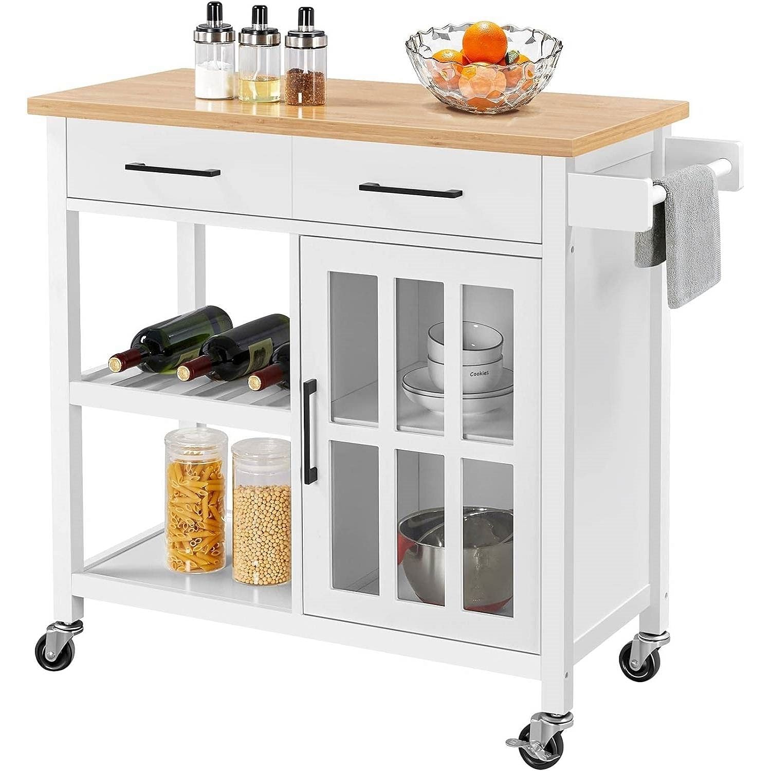 White Kitchen Island Cart with Wood Top Storage Cabinet and Locking Casters - Free Shipping