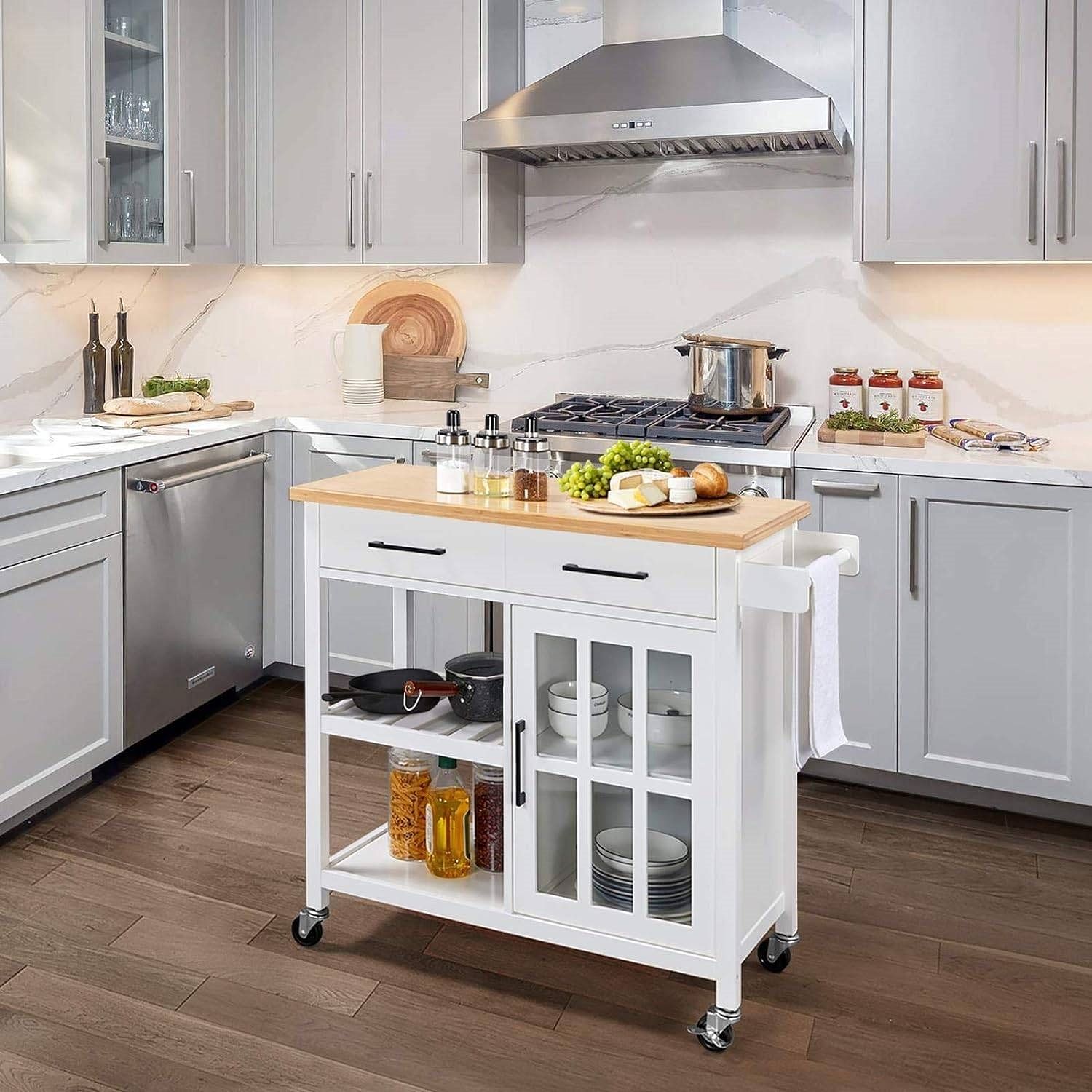 White Kitchen Island Cart with Wood Top Storage Cabinet and Locking Casters - Free Shipping