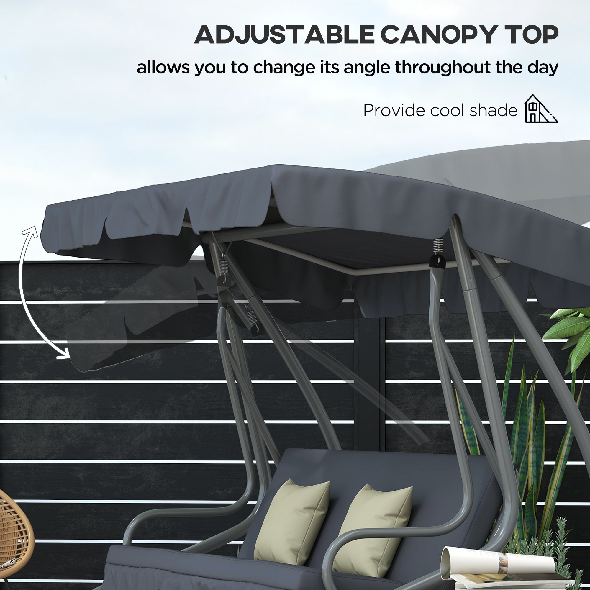 Outsunny Patio Swing Chair 3-Seat Outdoor with Convertible Flat Bed Adjustable Canopy Cushions Cup Holder Dark Grey 