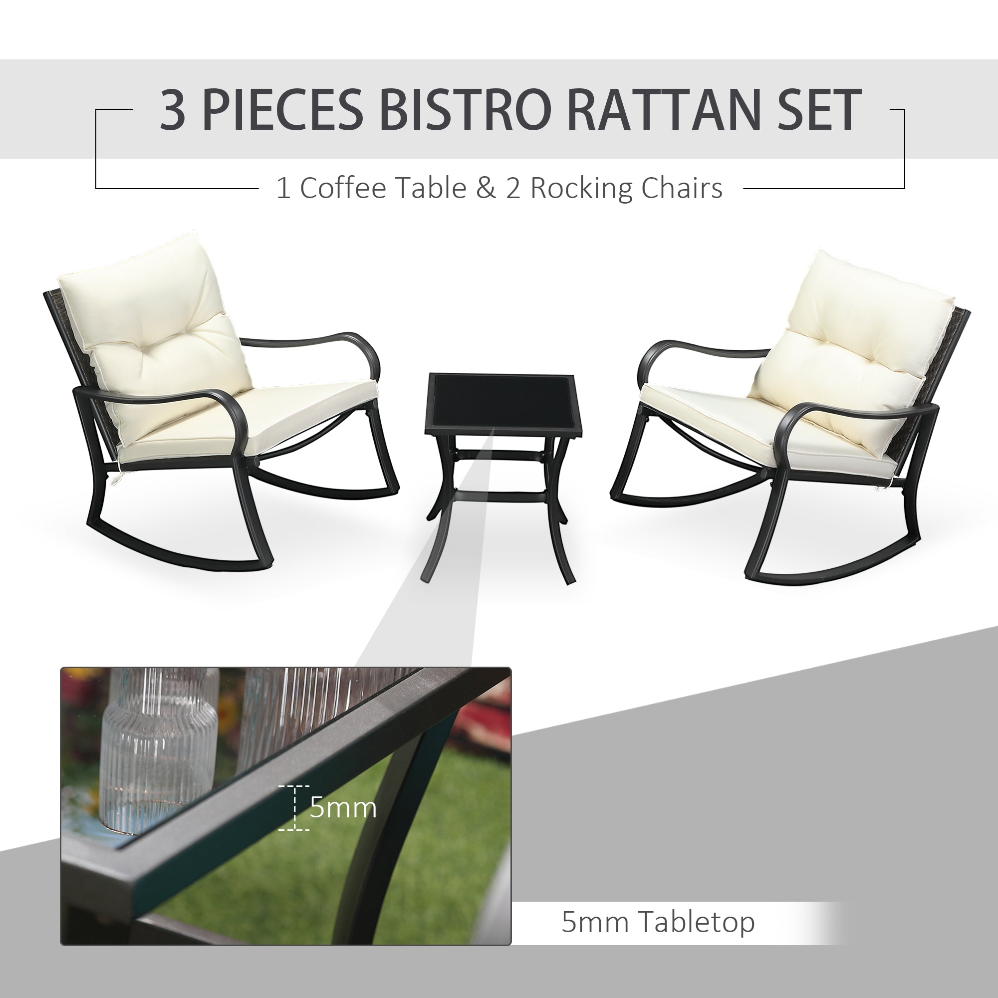 Outsunny Rocking Chairs Table Set 3PC Outdoor Furniture 2 Rockers 1 Coffee Table Cream White 