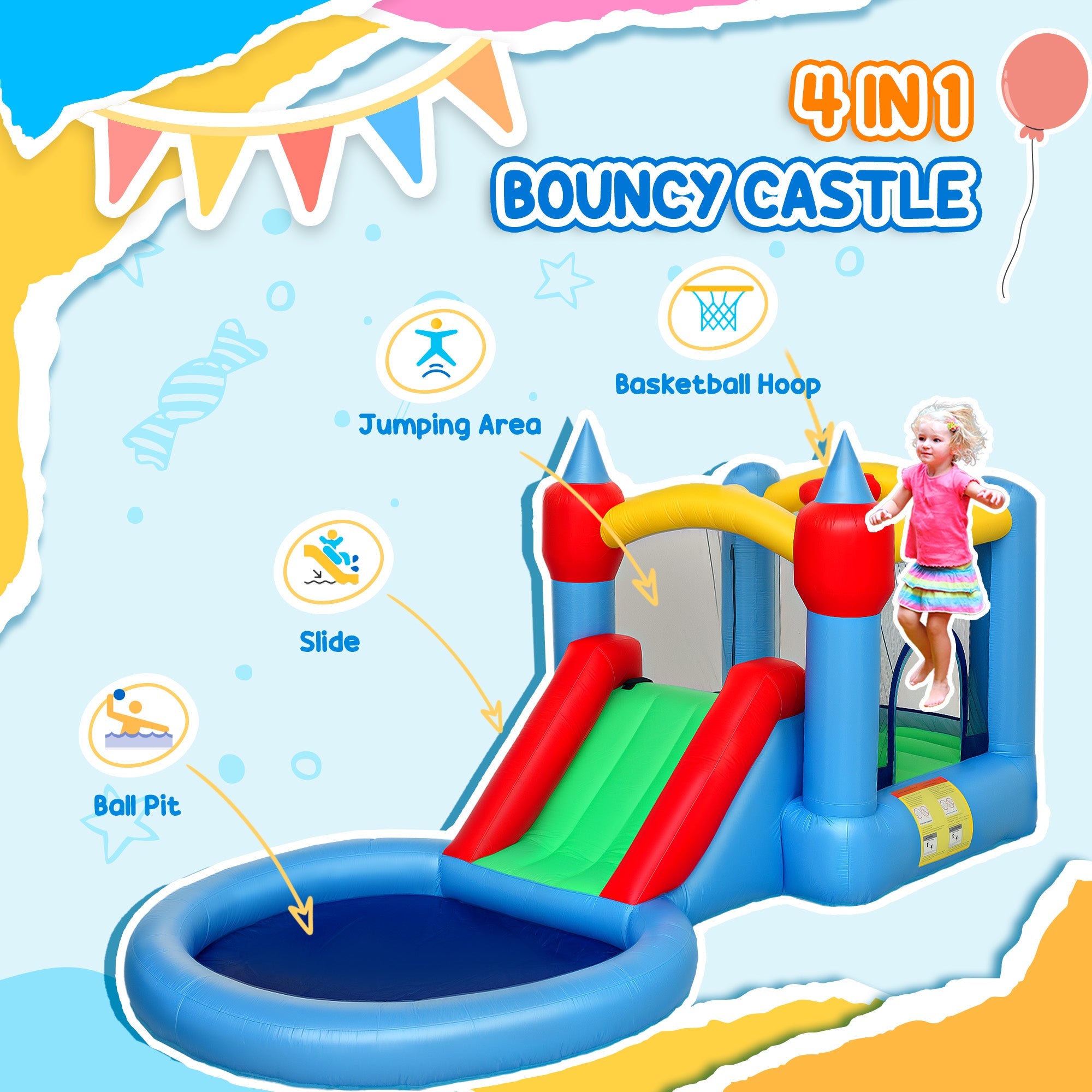 Qaba 4 in 1 Inflatable Bounce House with Slide, Basketball Hoop, Ball Pit, Blower, Storage Bag, 163" x 81" x 75" 