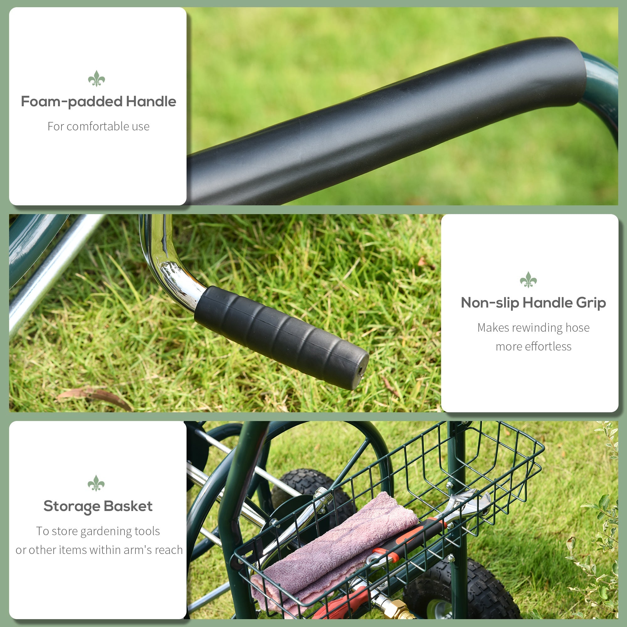Outsunny Garden Hose Reel Cart, Portable Hose Organizer with Hose Guide System, 4 Wide Wheels & Storage Basket, Farm 