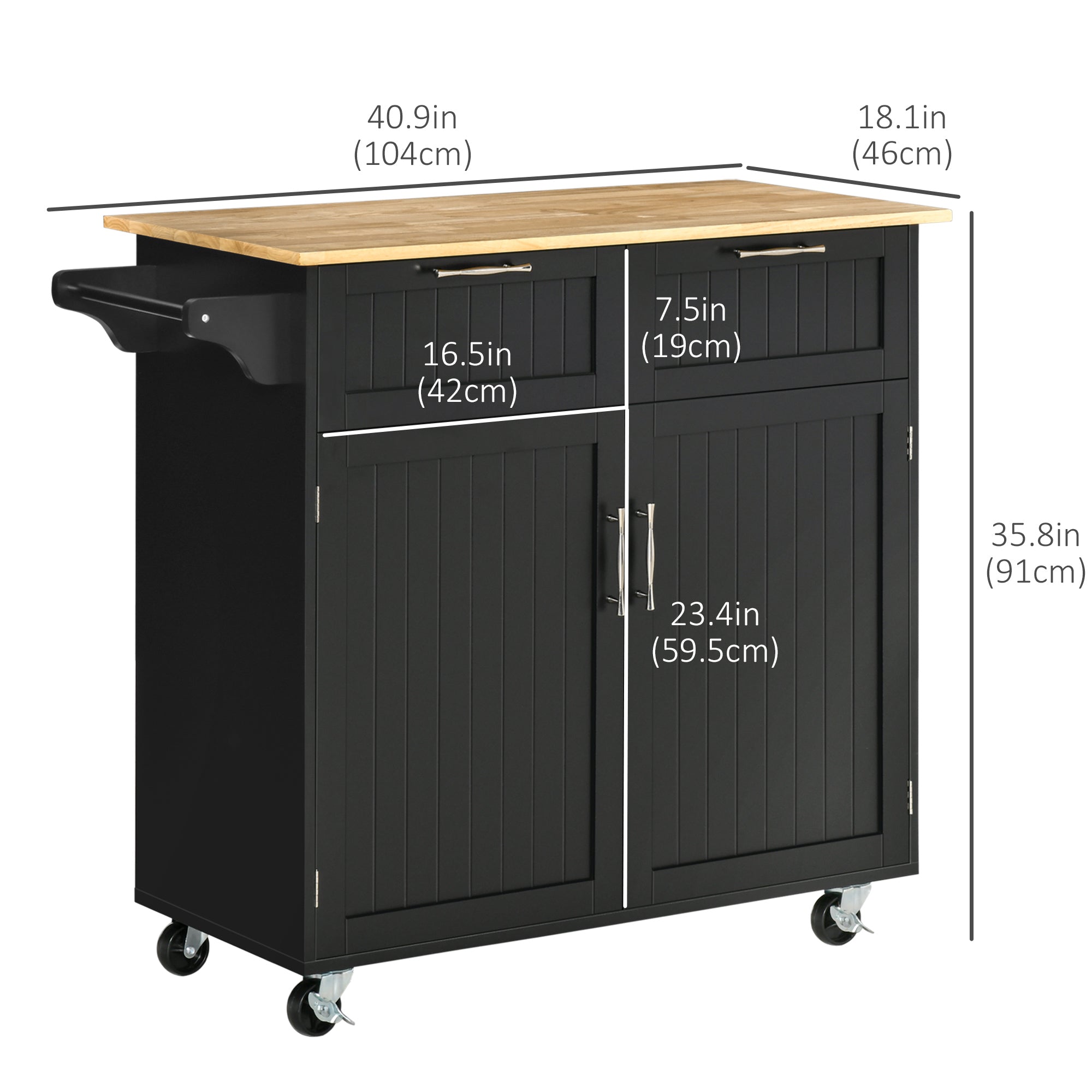 HOMCOM Mobile Kitchen Maestro: Rubber Wood Top Cart with Storage Drawers, Towel Rack, Black Cabinet 