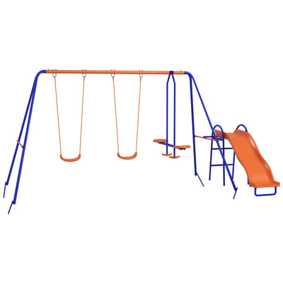 Outsunny 4 in 1 Colorful Metal Swing Set with Double Swings, Glider, Slide, Ladder for Fun Backyard Play 
