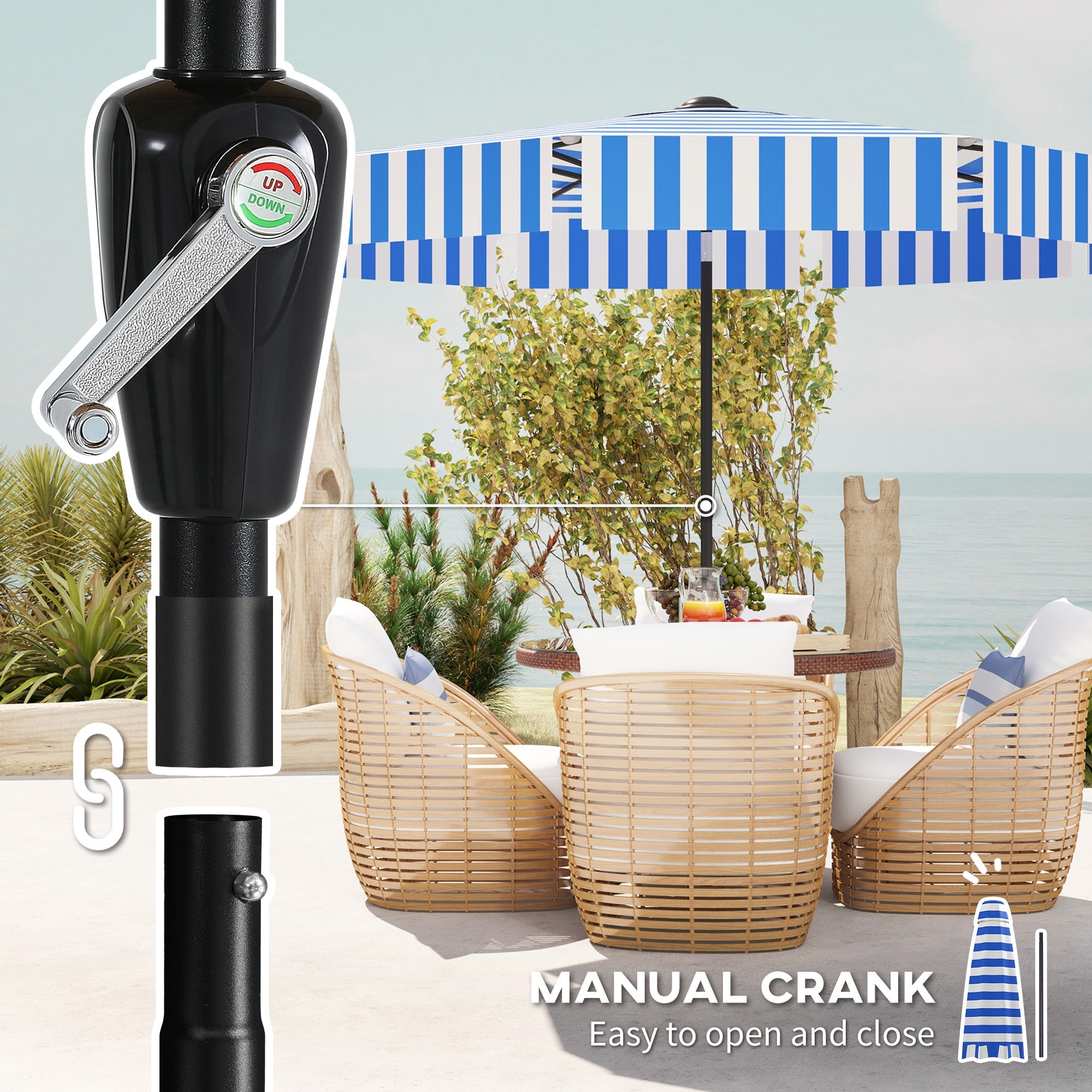 Outsunny 8.7FT Tilting Patio Umbrella with 8 Ribs, Crank Handle, Air Vent for Outdoor, Garden and Pool, Navy Blue 
