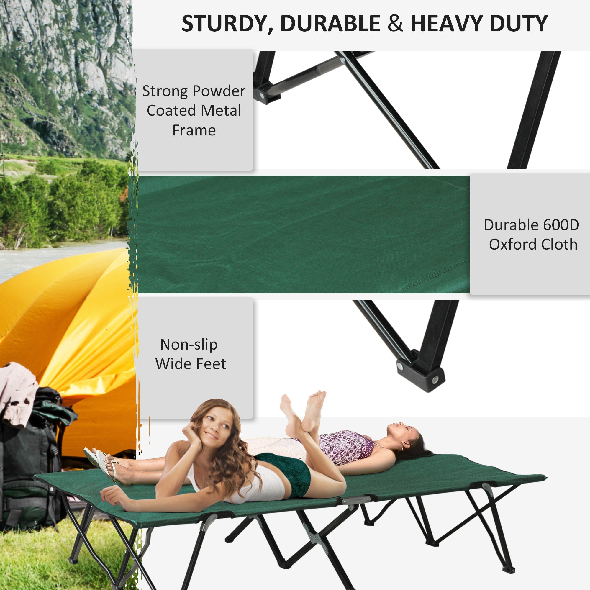 Outsunny 76 Two Person Folding Camping Cot Outdoor Portable Double Cot Wide Military Sleeping Bed w/ Carrying Bag Green 