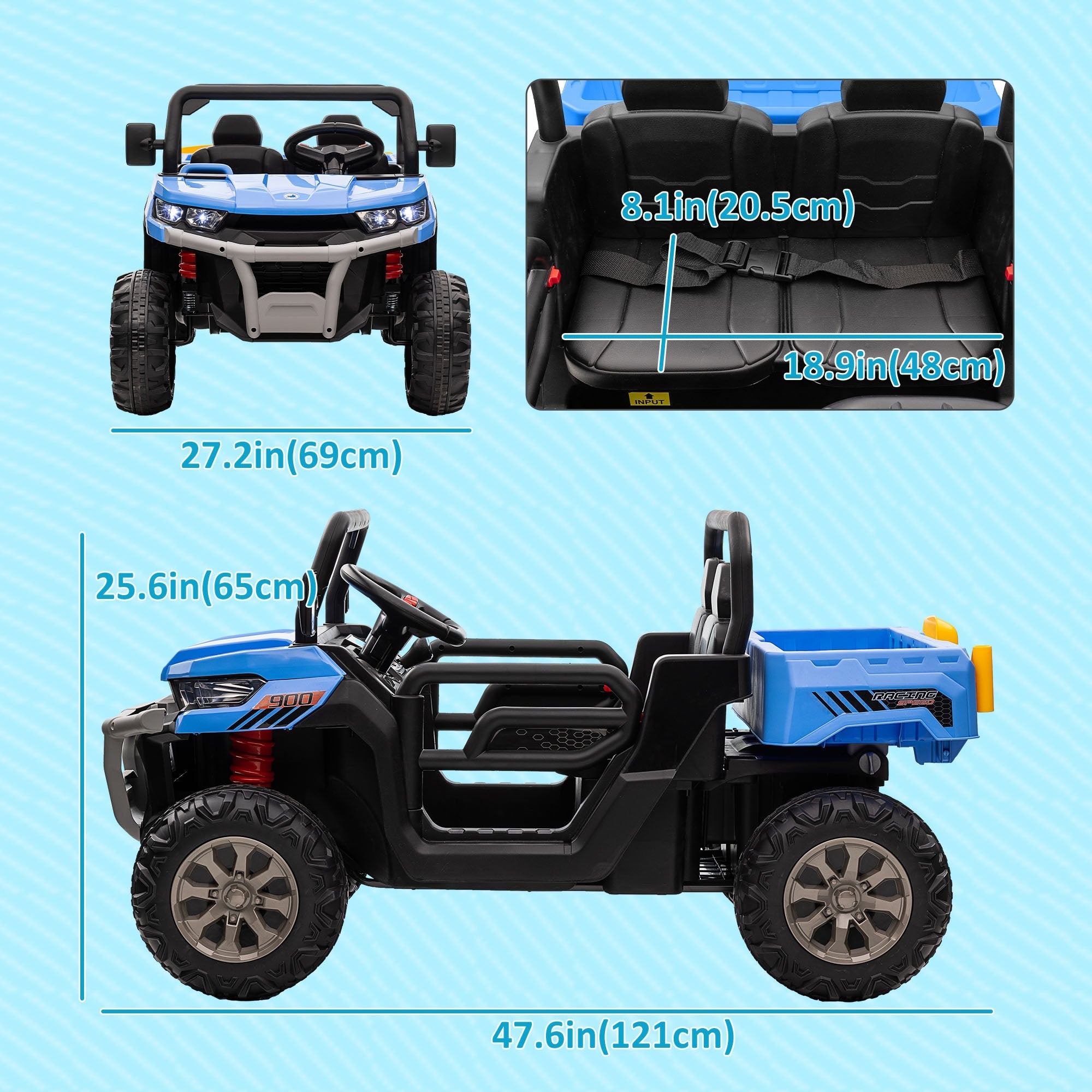 Aosom 12V Ride-On Car 2-Seater Electric Bucket Shovel Remote Control Spring Suspension Horn Music Blue 