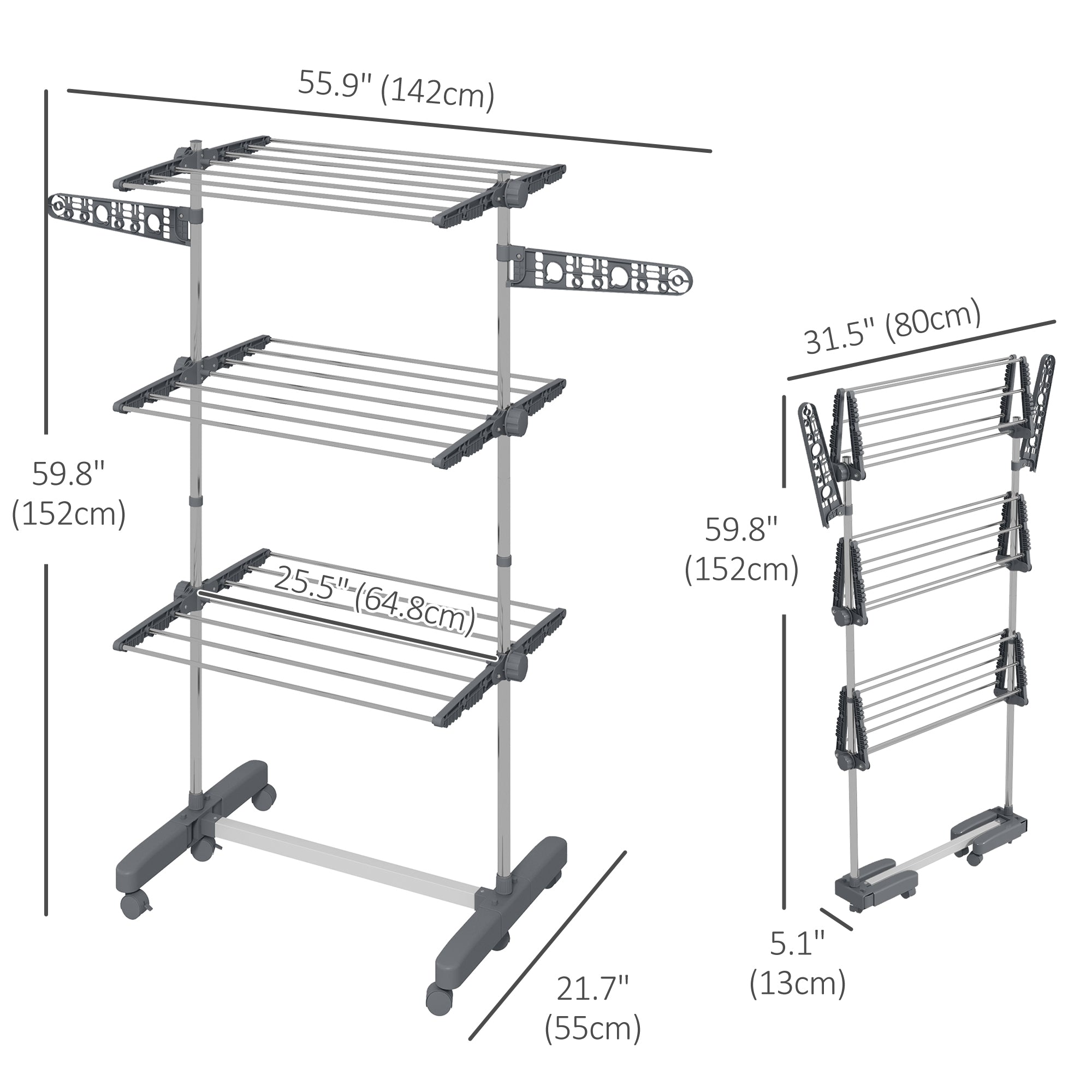 HOMCOM Laundry Rack Drying 3 Layers Stainless Steel Foldable Clothes Airer with Side Wings 6 Castors Grey 