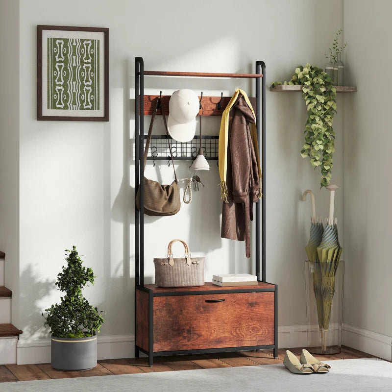 5-In-1 Coat Rack Shoe Bench, Hall Tree with Bench, Shoe Cabinet, 10 Hooks for Hallway, Mud Room, Rustic Brown