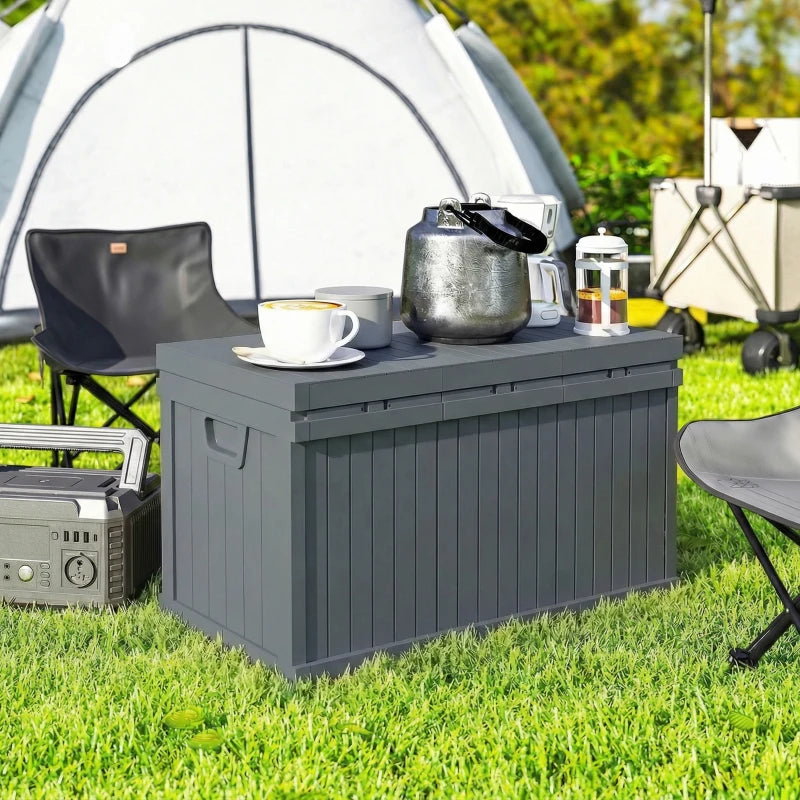 70 Gallon Deck Box, Resin Outdoor Storage Box with Handles, Waterproof Storage Container for Garden Tools, Dark Grey