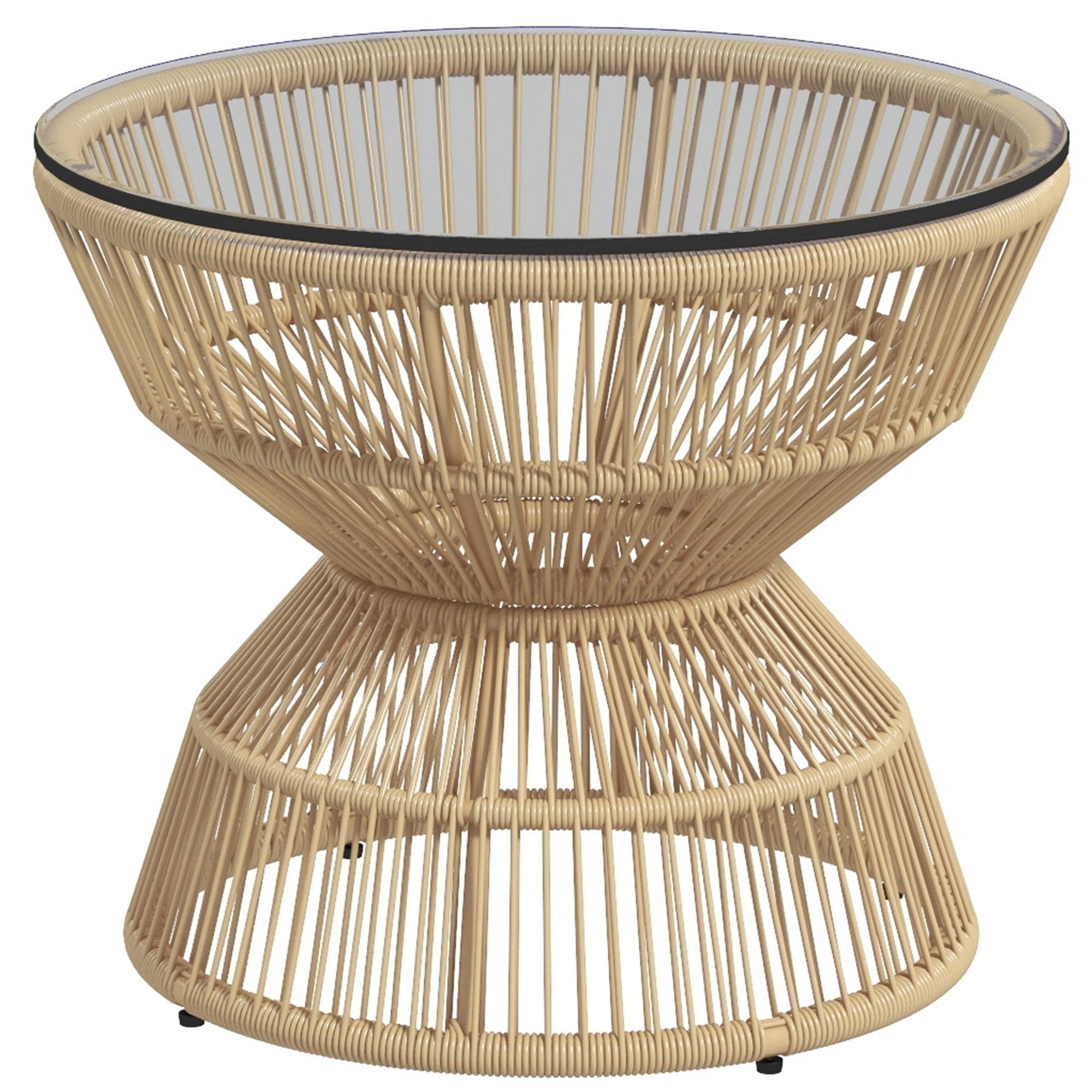 Outsunny Rattan Outdoor Coffee Table, Patio End Table with Tempered Glass Tabletop & Steel Frame, Wicker Furniture, Nature Wood 