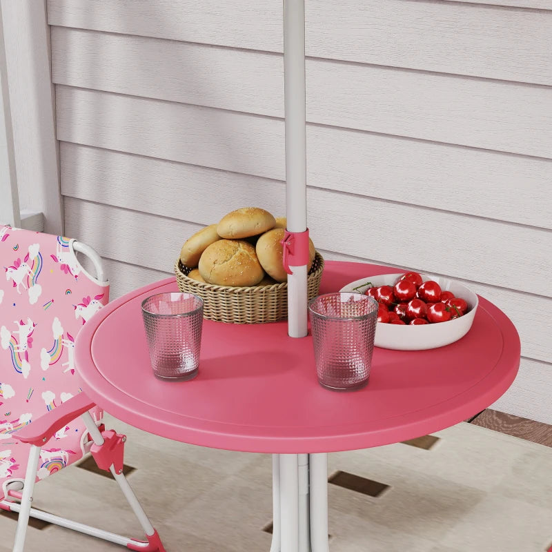 Qaba Kids Picnic Table, Kids Table and Chair Set with 2 Folding Chairs and Umbrella for Backyard, Garden, Patio, Pink