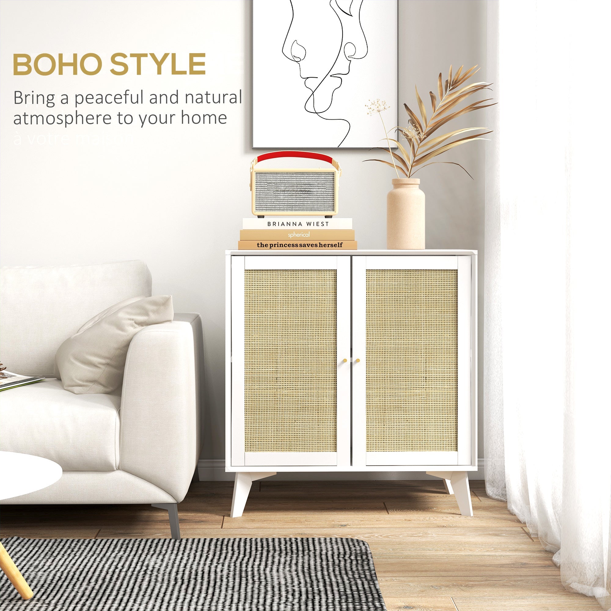 HOMCOM Bohemian Bliss: Rattan Door Sideboard Cabinet with Adjustable Shelf for Dining Room, Kitchen Storage 