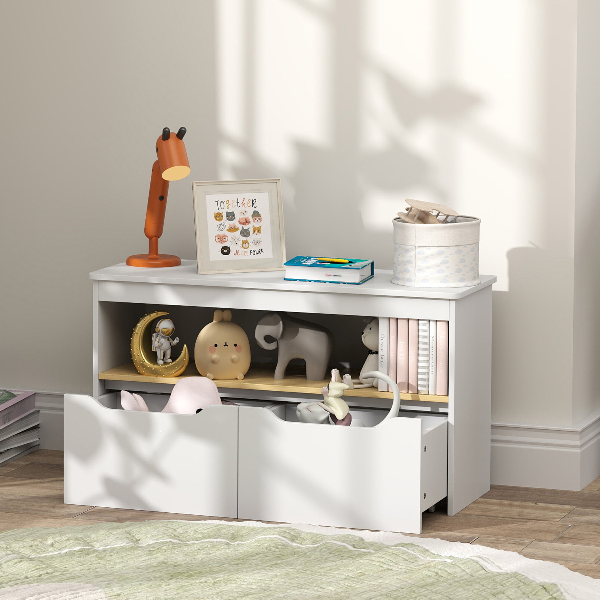 Qaba Kids Bookshelf with 2 Drawers, Large Tabletop, Shelf, for Nursery, Kids Room, Bedroom, Living Room, White 