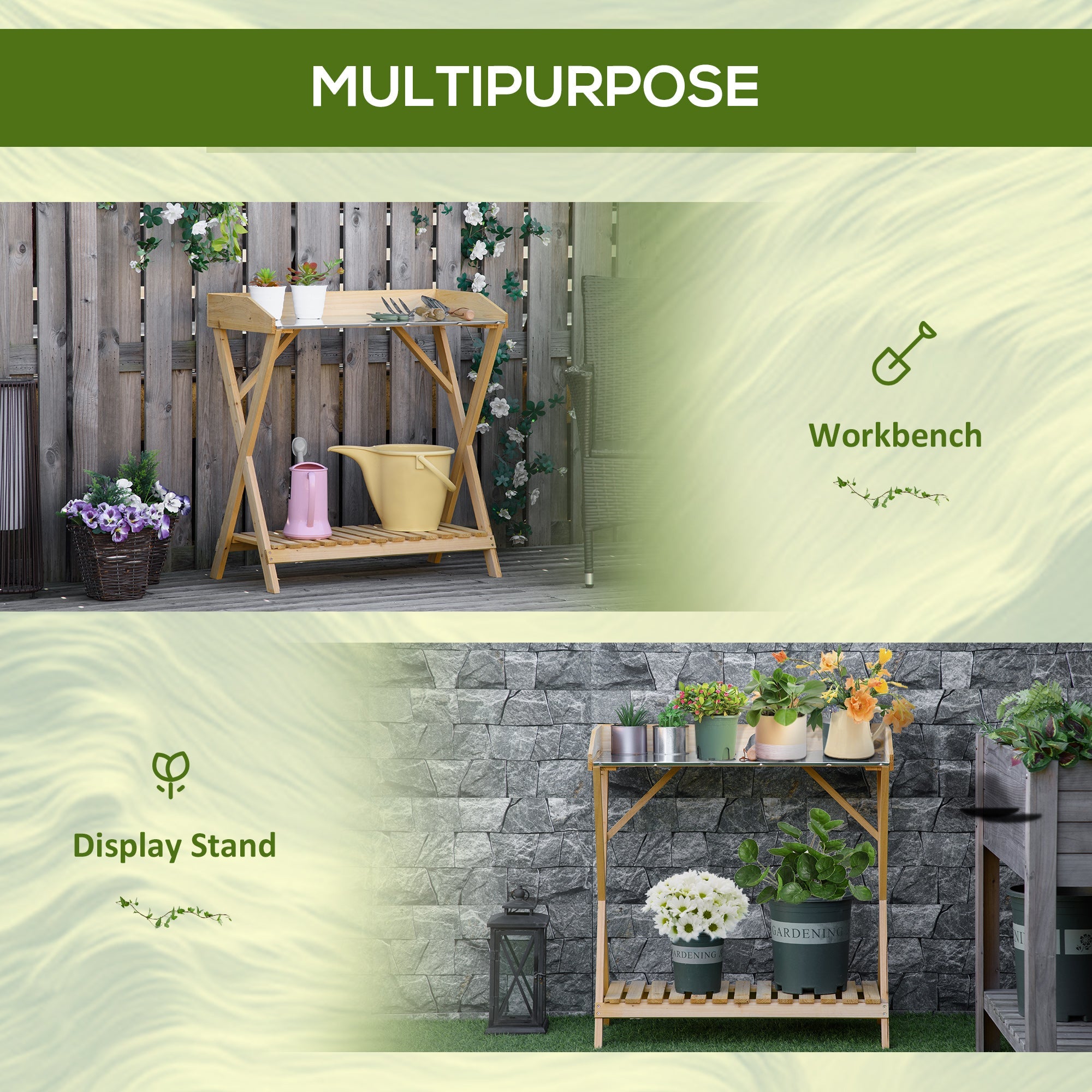 Outsunny Garden Potting Bench Wooden Work Station Outdoor Planting Workbench with Galvanized Metal Tabletop Storage Shelf 