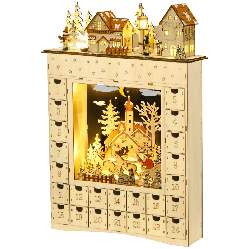 HOMCOM Wooden Christmas Advent Calendar – 24 Fillable Countdown Drawers with LED Lights, Battery Operated, Reusable 