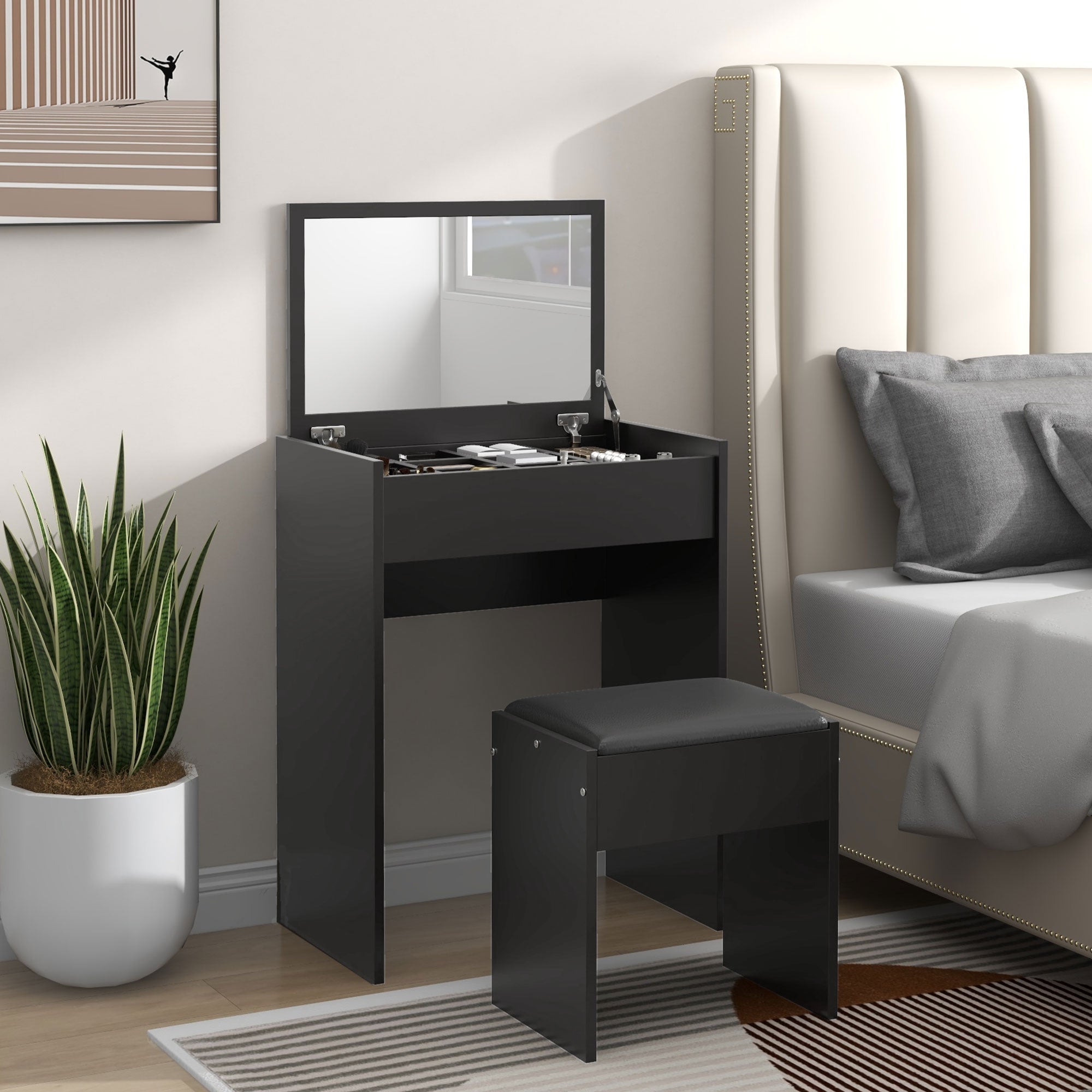 HOMCOM Modern Vanity Set with Makeup Table and Cushioned Stool, Dressing Table with Flip Top and Mirror for Bedroom, Black 