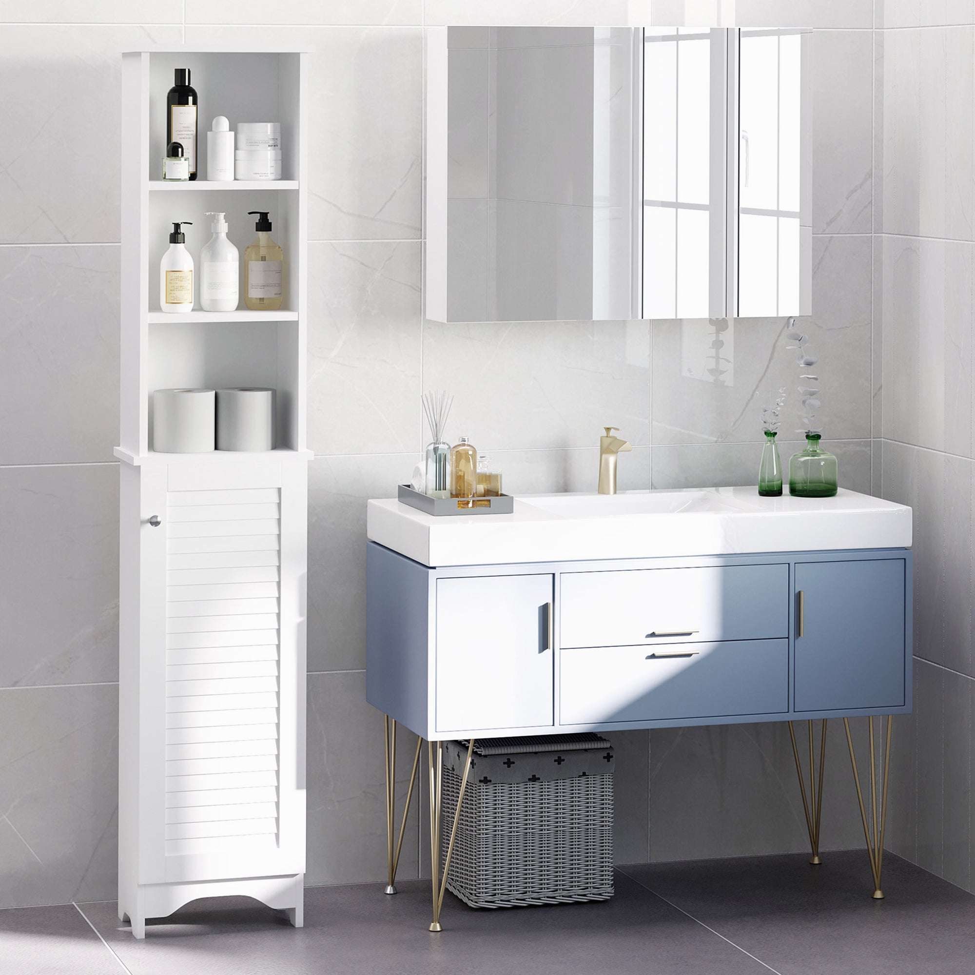 HOMCOM Linen Tower: Tall Bathroom Storage Cabinet, Freestanding 3-Tier Shelf Cupboard, White Adjustable 