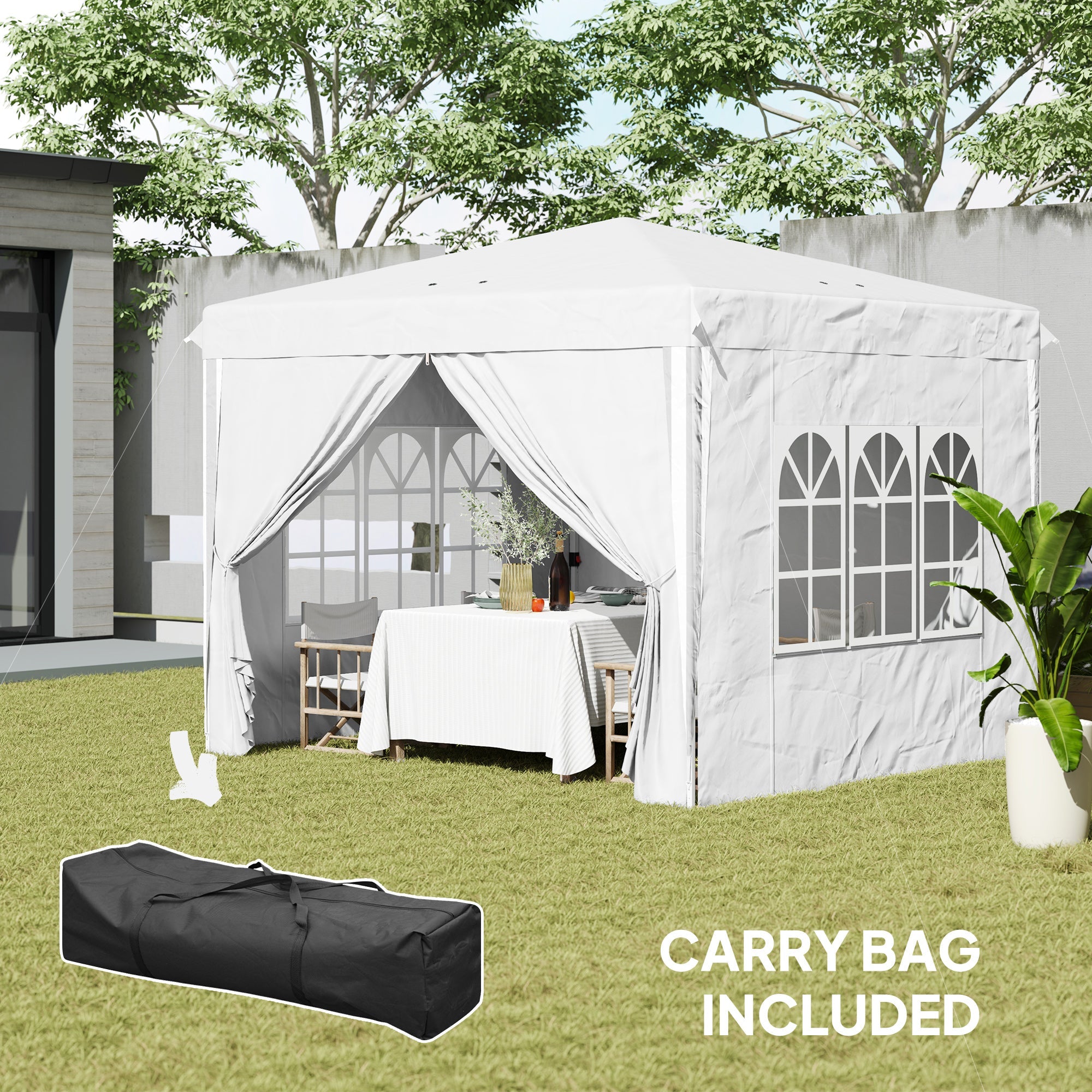 Outsunny 10' x 10' Pop-Up Canopy Tent with Sidewalls, Height-Adjustable, Carry Bag Included, for Outdoor, Garden, Patio, White 