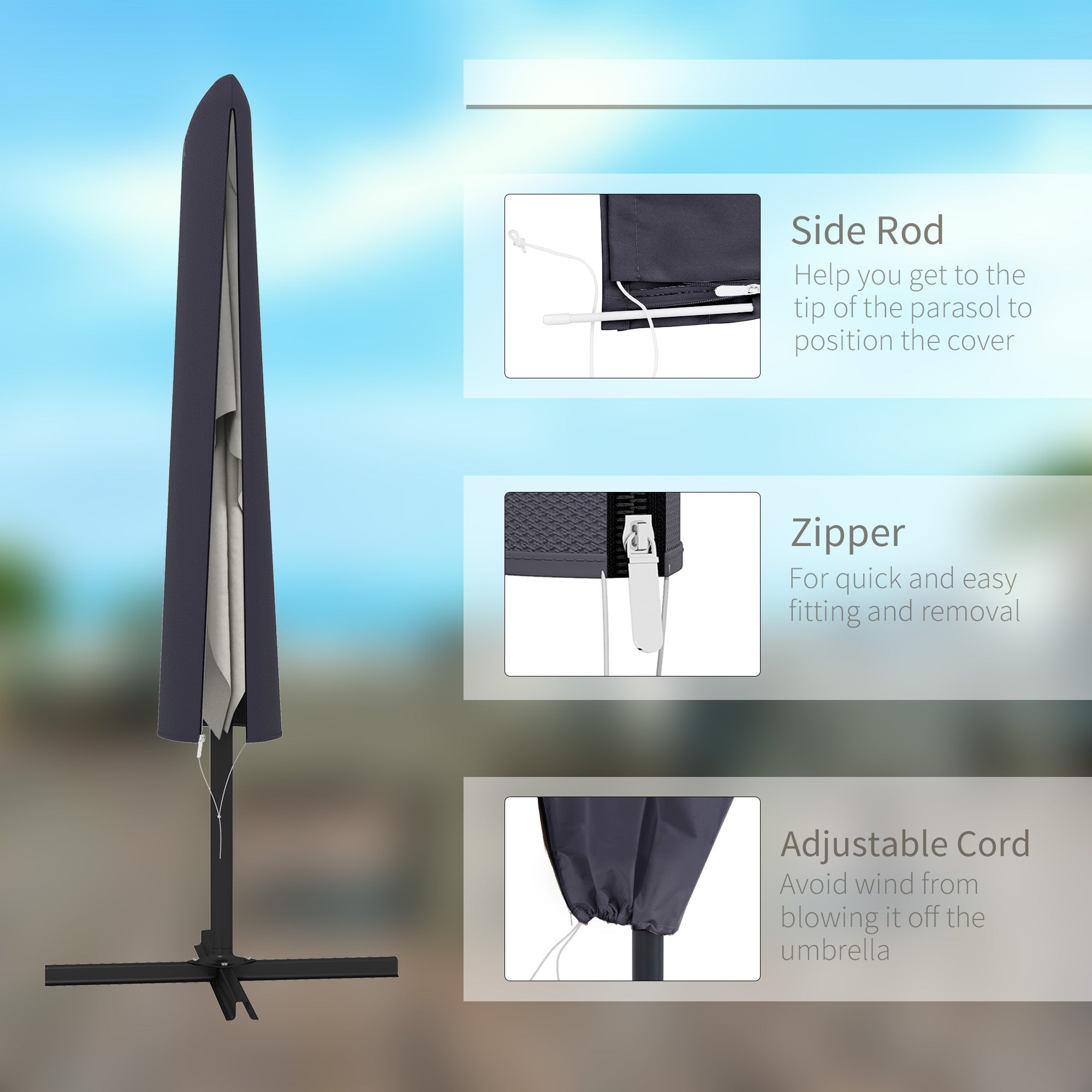 Outsunny Garden Parasol Cover, Outdoor Cantilever Umbrella Cover with Zipper, Dark Grey 