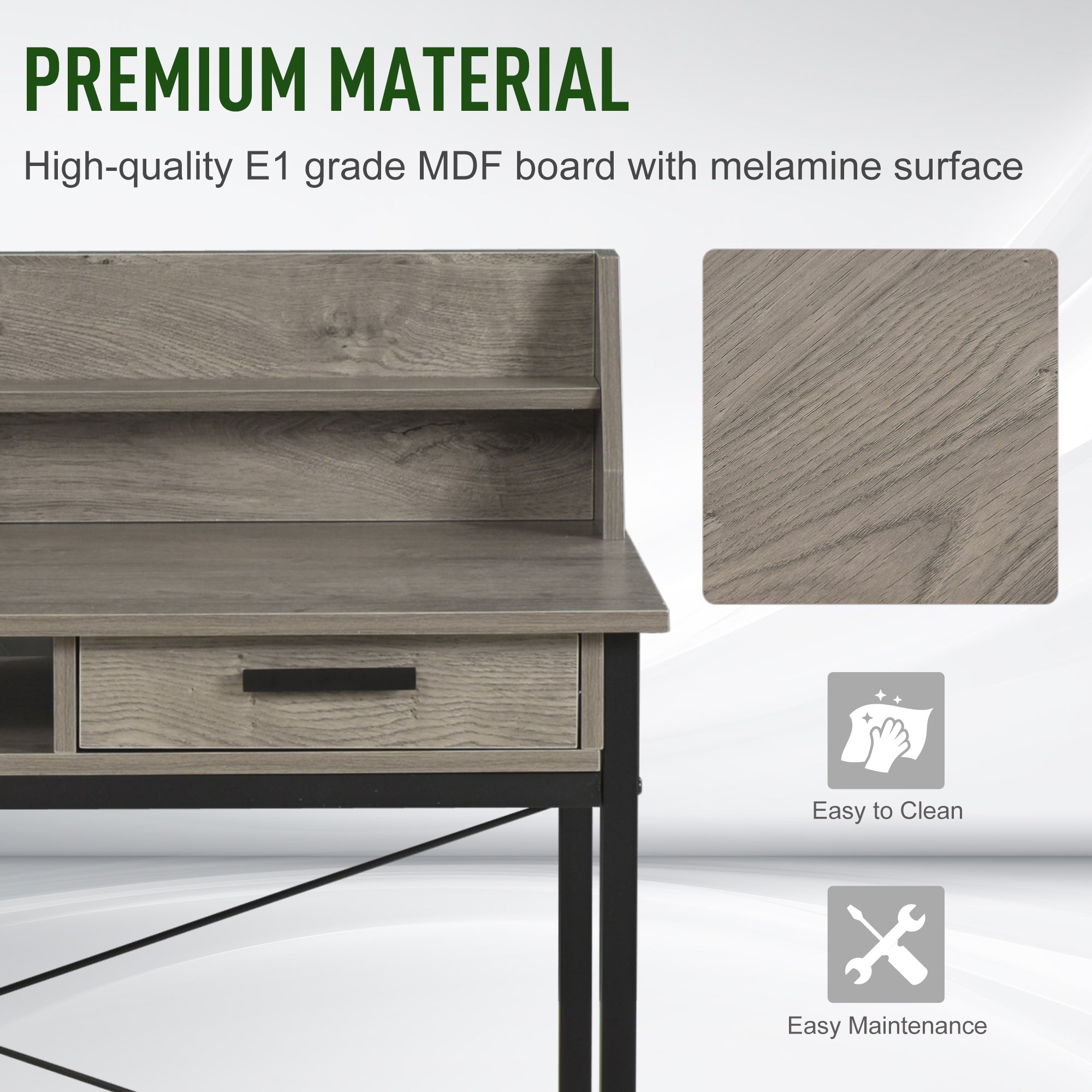 HOMCOM Grey Industrial Computer Desk with Drawer & Open Shelves - Stylish Writing Table with Hutch for Home Office 