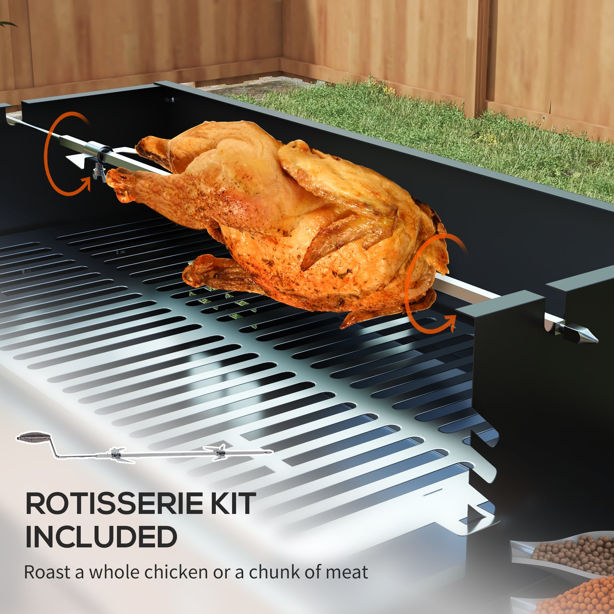 Outsunny BBQ Rotisserie Grill Charcoal, Split Roaster for Chicken Turkey, 3-Level Grill Grate, Storage Shelves, Stainless Steel 