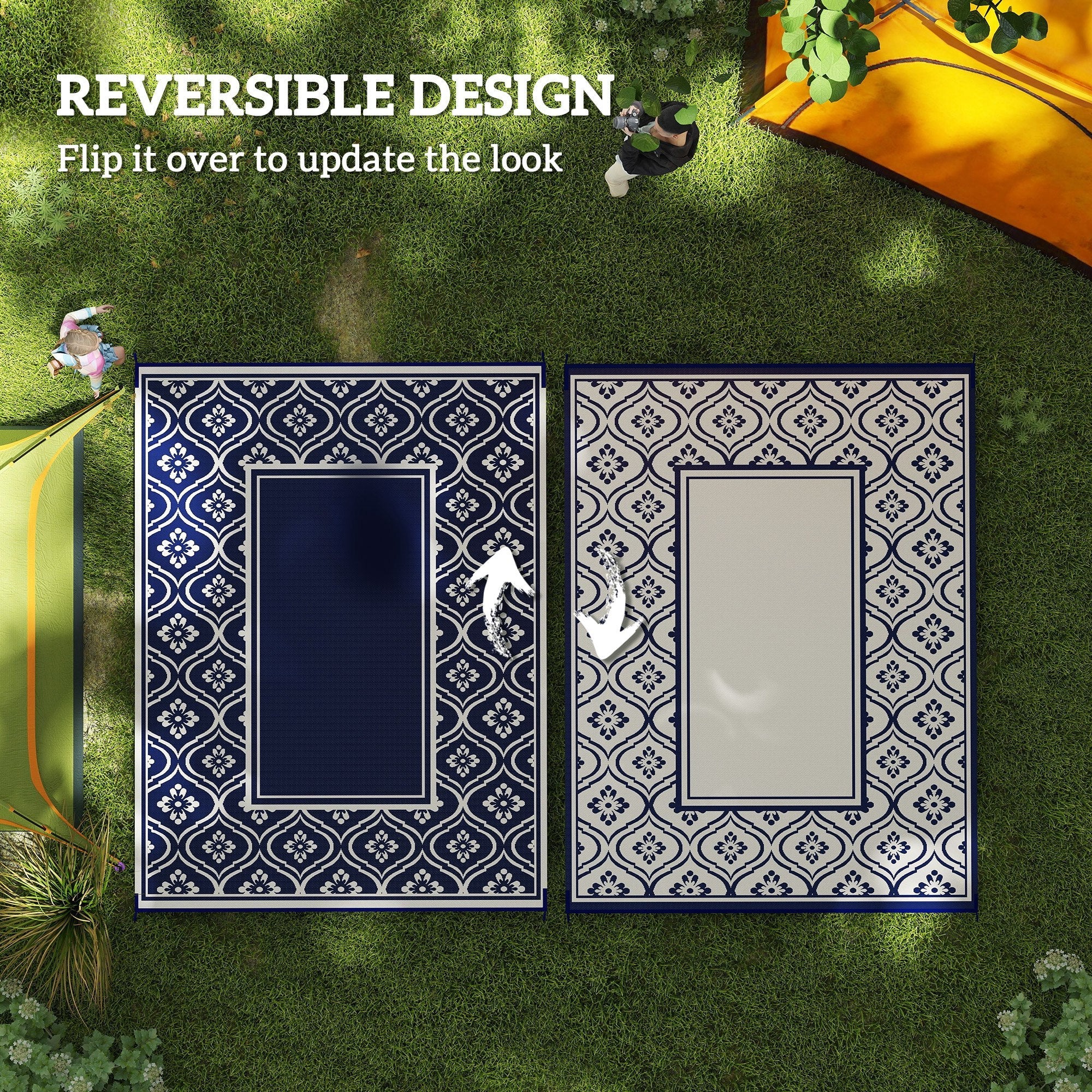 Outsunny 9' x 12' Outdoor RV Rug, Reversible Patio Floor Mat with Carry Bag, Gourd Border, Blue and White 