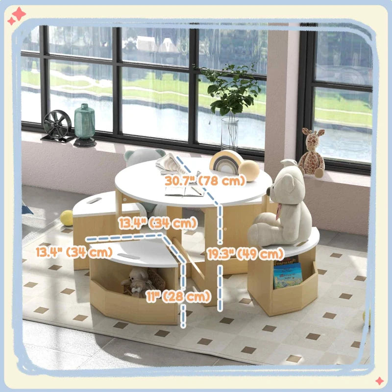 Qaba 5 Piece Kids Table and Chair Set with Storage for Kids Room, White