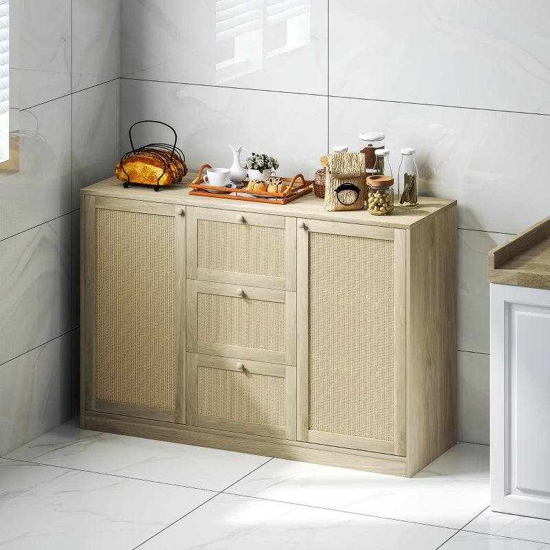 Boho Sideboard Buffet Cabinet, Kitchen Coffee Bar Cabinet with 3 Drawers, 2 Adjustable Shelves and 4 Racks, Natural