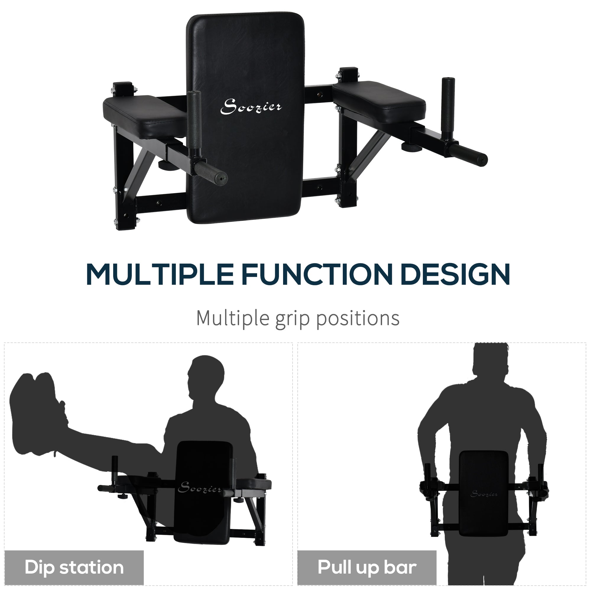 Soozier Wall Mounted Power Tower Gym Station with Pull Up Bar Dip Station for Home Workout Muscle Building Black 