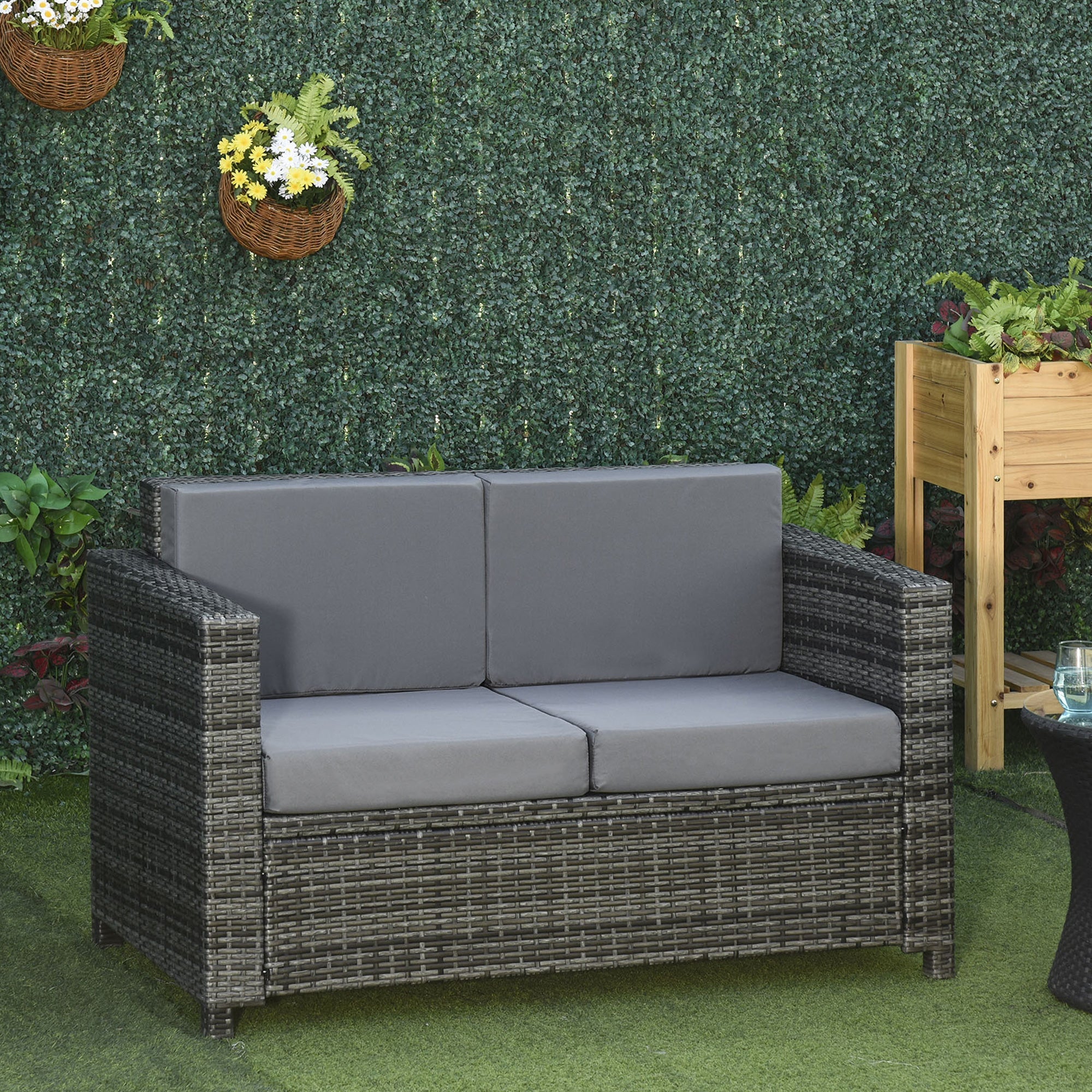 Outsunny Patio PE Rattan 2-seater Sofa, Outdoor All Weather Resin Wicker Loveseat with Padded Cushions, Grey 