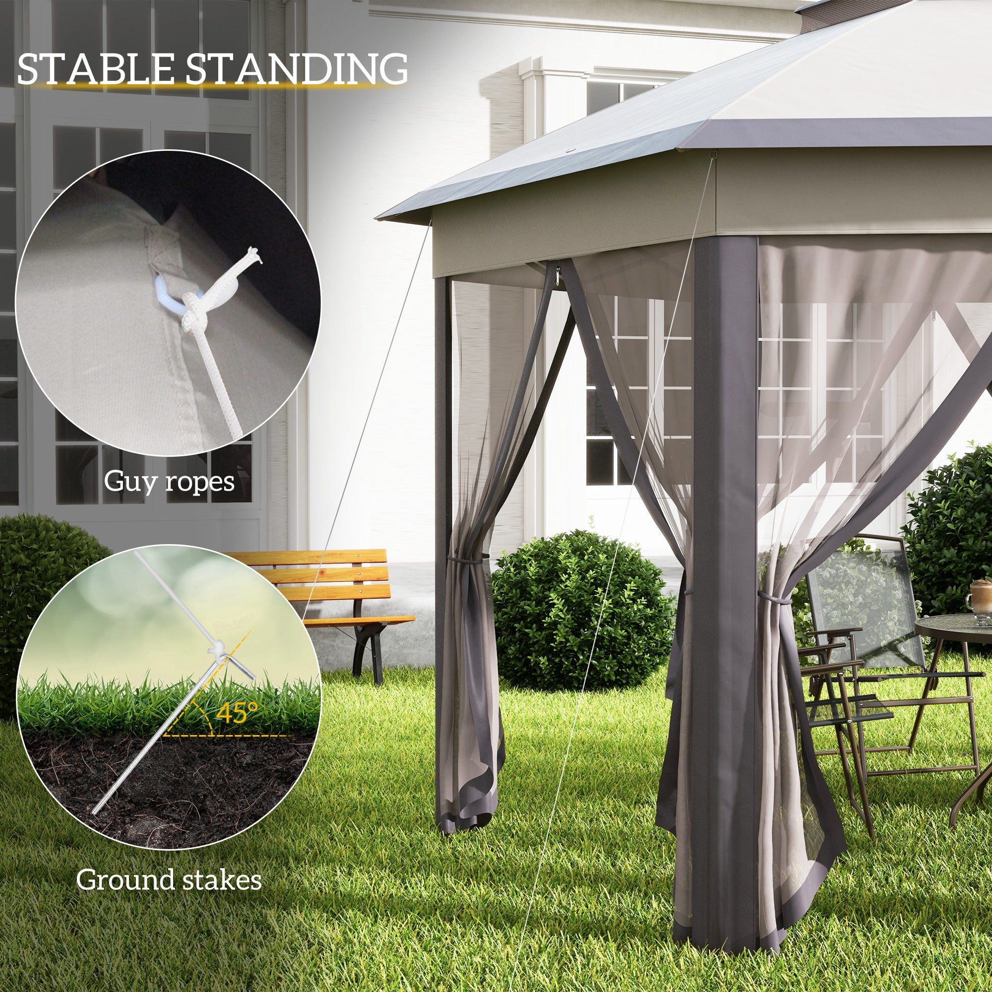 Outsunny Pop Up Patio Gazebo 13'x13', Double Roof Hexagon, Instant Outdoor Shelter with Netting, Coffee/Beige 