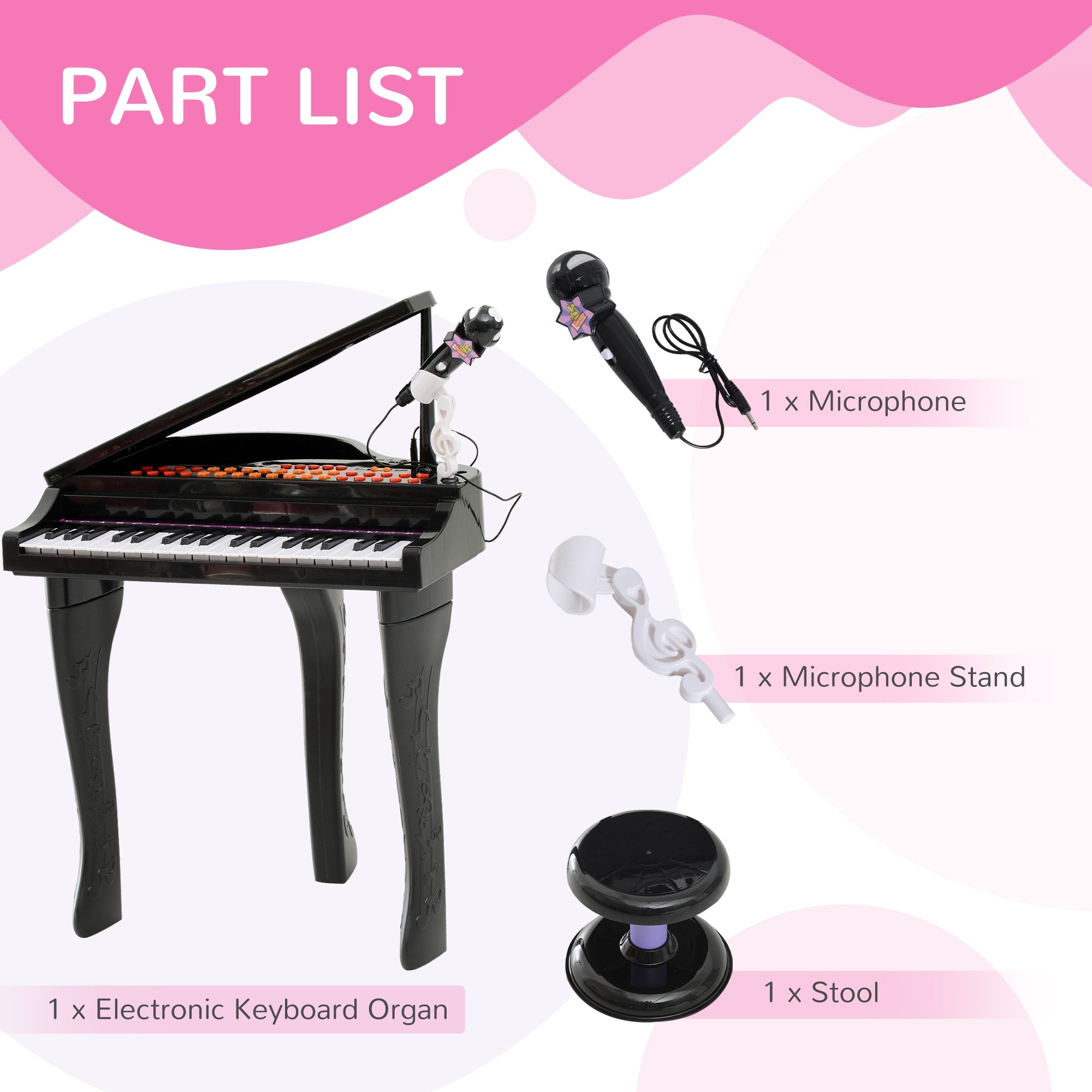 Qaba Mini Electronic Musical Piano 37 Key Keyboard Multifunction Kids Toy w/ Microphone Stool (Black) 