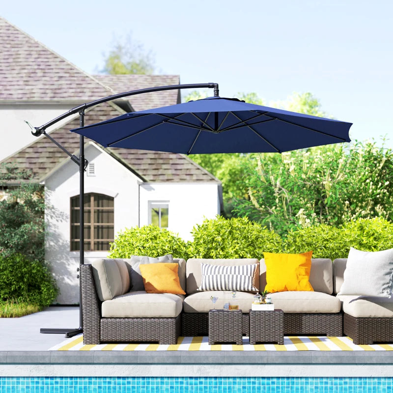 9.7ft Offset Patio UmbrellaCantilever Parasol with Crank Handle, 8 Ribs and Cross Base for Outdoor, Sun Shade, Blue