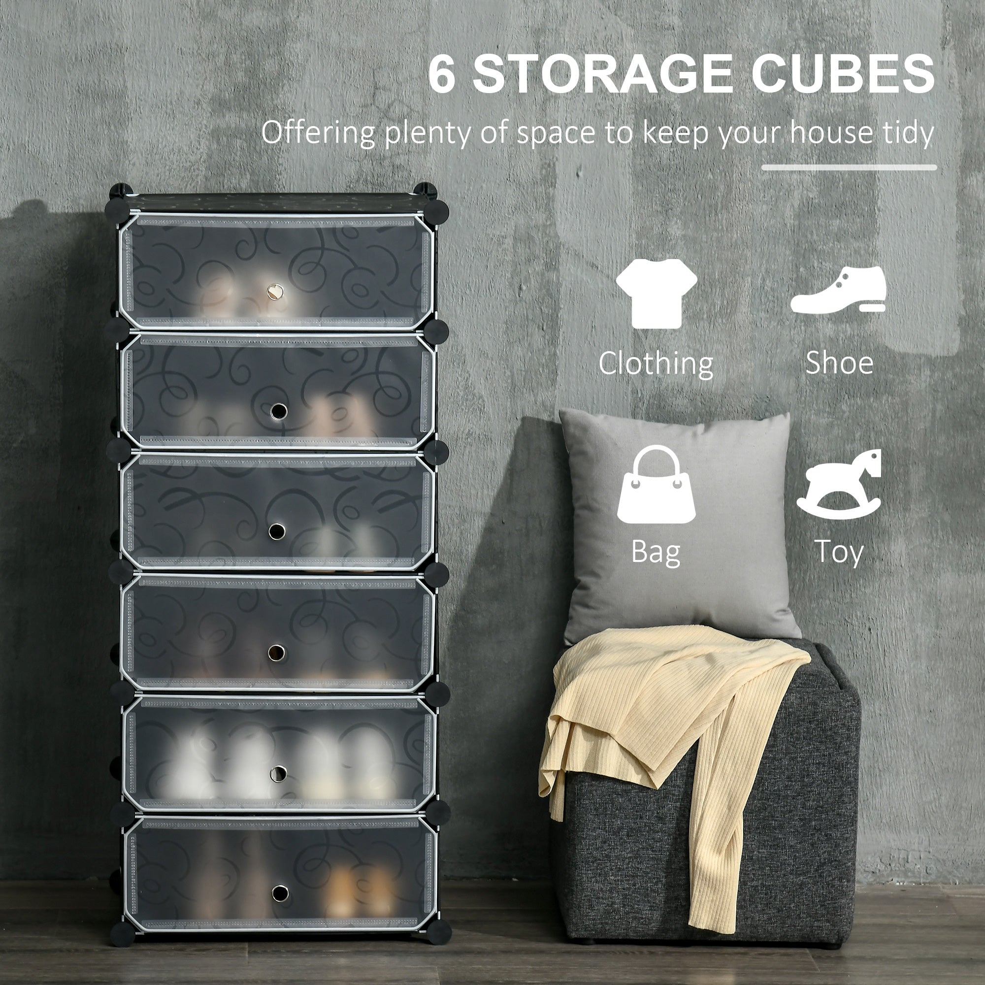 HOMCOM 6-Tier 6 Cube Shoe Rack Organizer with Doors DIY Modular Cabinet for Living Room Storage Black 