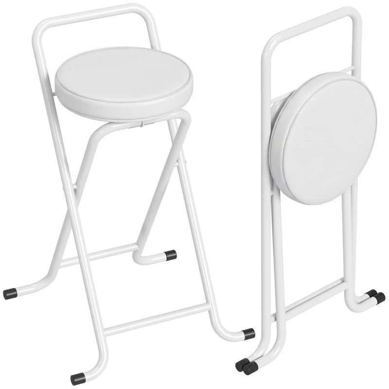 Foldable Bar Stools Set of 2, Folding Kitchen Chairs with PU Cushioned Seat, Footrest, White