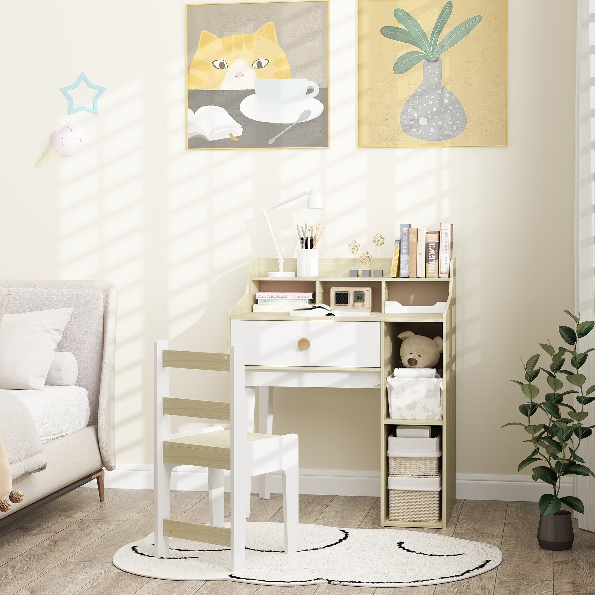 Qaba Kids Desk and Chair Set with Storage Shelves, Drawer, for 3-10 Years, White 