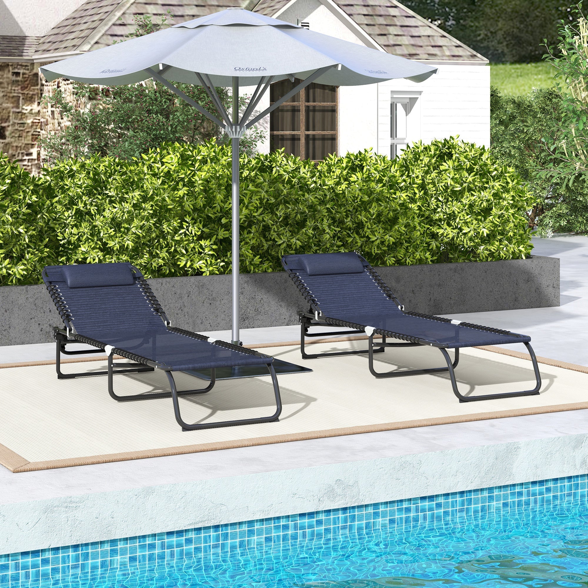 Outsunny 2 PCs Folding Lounge Chair, Adjustable Chaise Lounge with Headrest, Reclining Lounger Cot for Camping, Hiking, Dark Blue 