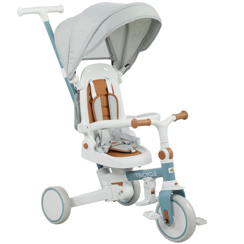 Qaba 7 in 1 Toddler Tricycle with Safety Harness, Adjustable & Removable Parent Handle, Canopy, Storage Bag, Brake, Blue