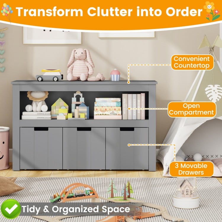 Kid Toy Storage Cabinet Drawer Chest with Wheels and Large Storage Cube Shelf-Gray