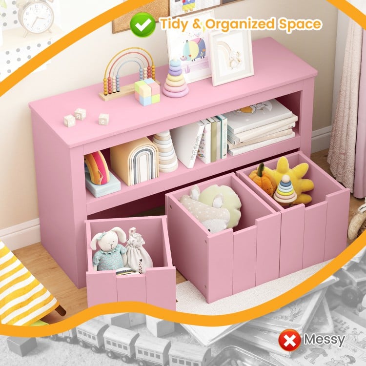 Kid Toy Storage Cabinet Drawer Chest with Wheels and Large Storage Cube Shelf-Pink