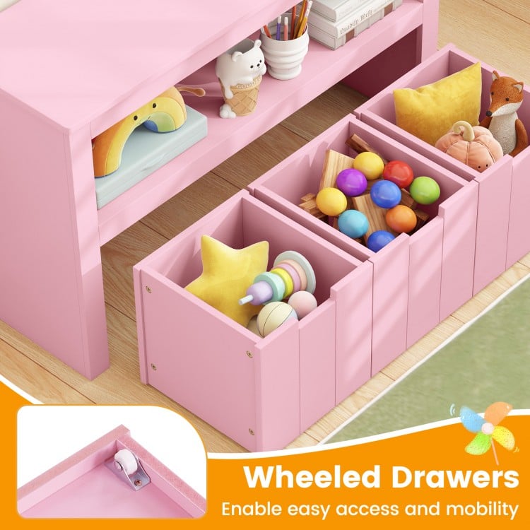 Kid Toy Storage Cabinet Drawer Chest with Wheels and Large Storage Cube Shelf-Pink