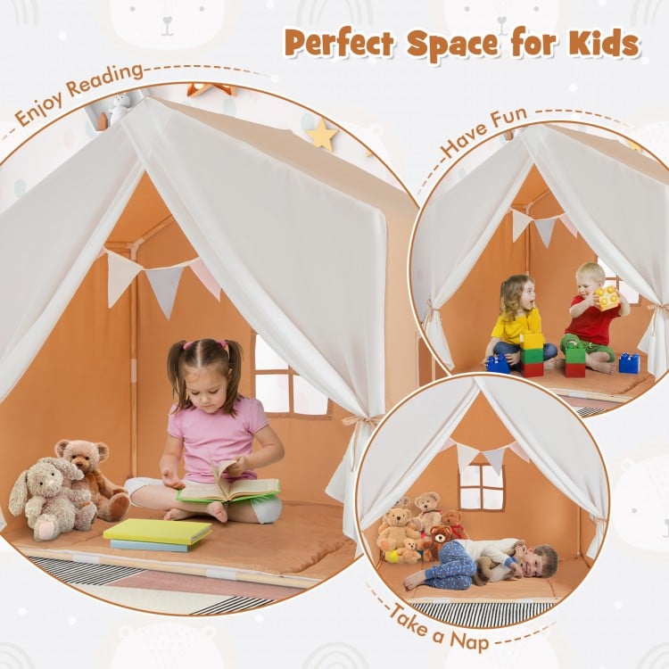 Kid's Play Tent with Washable Cotton Mat and Flag Banner-Orange