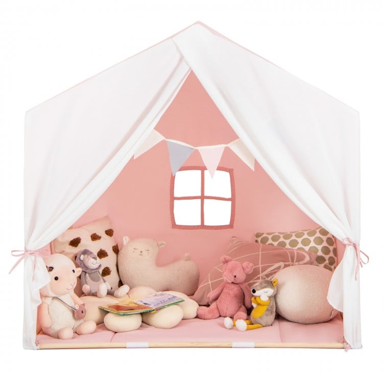 Kid's Play Tent with Washable Cotton Mat and Flag Banner-Pink