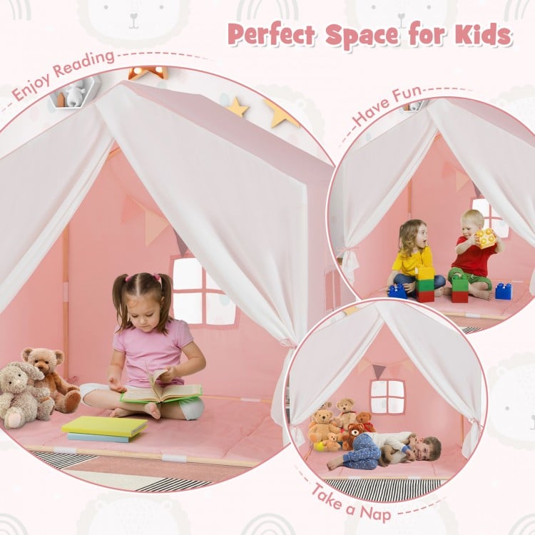 Kid's Play Tent with Washable Cotton Mat and Flag Banner-Pink