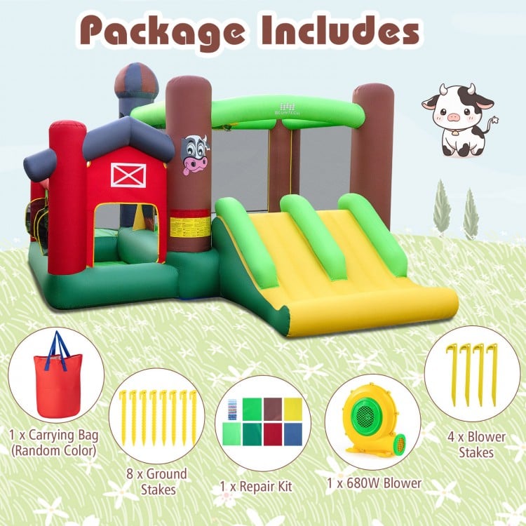 Kids Castle Slide Bouncer 6-in-1 Inflatable Castle with Trampoline and 680W Blower